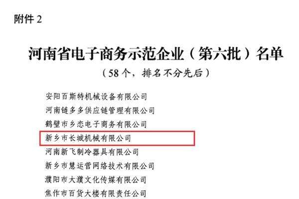 新鄉長(cháng)城機械榮獲河南省電子商務(wù)示范企業(yè)